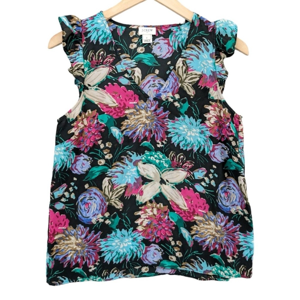 J. Crew Floral Ruffle Sleeve Shell Top - Black with Teal & Pink